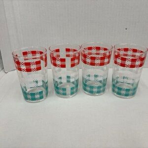 Set of 4 mid century juice glasses with red, white and teal pattern VTG Kitchen